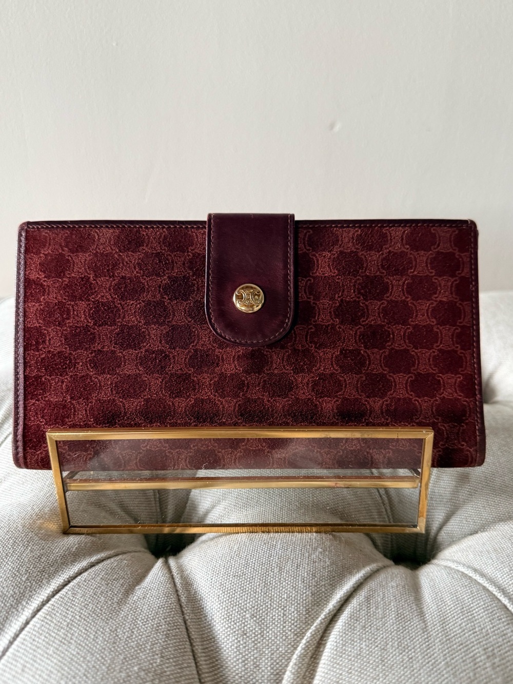 RARE Vintage Celine Triomphe Macadam Suede Long Wallet Bordeaux